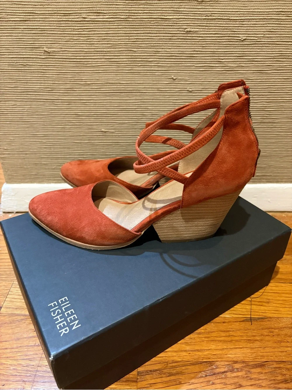 Eileen Fisher Coral Suede Crisscross Wedge Pumps